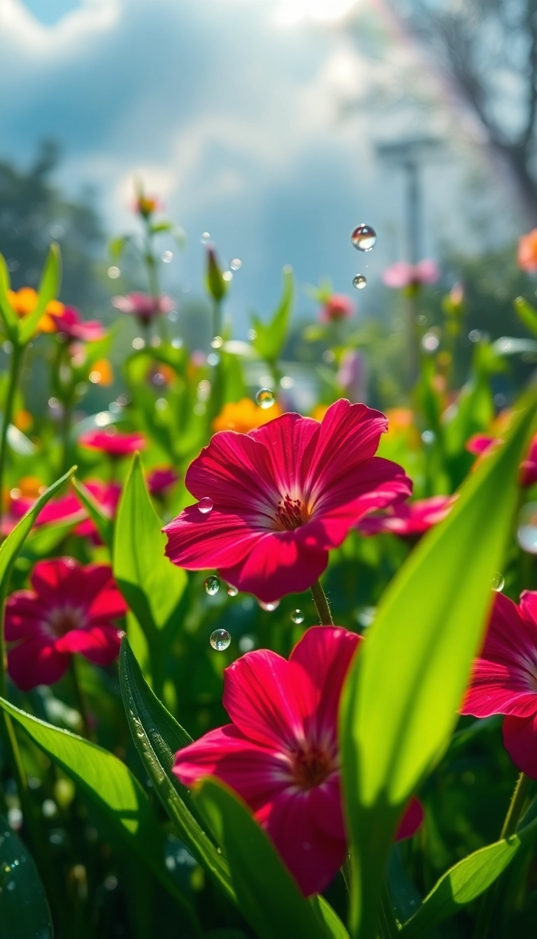 HD iPhone AI Spring Rain Garden Well-Lit Background Stock Photo